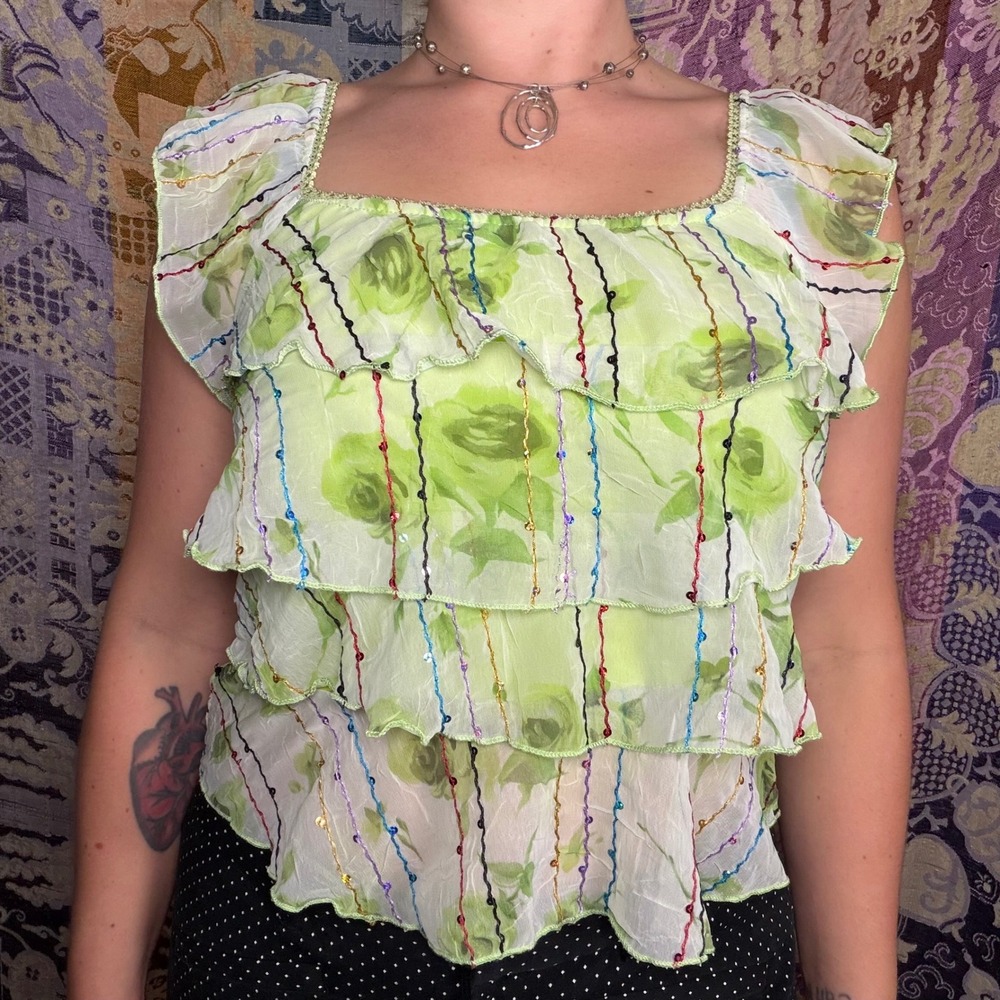 Vintage Fairycore Green Floral Crinkle Chiffon Sequin Ruffled Top Size S